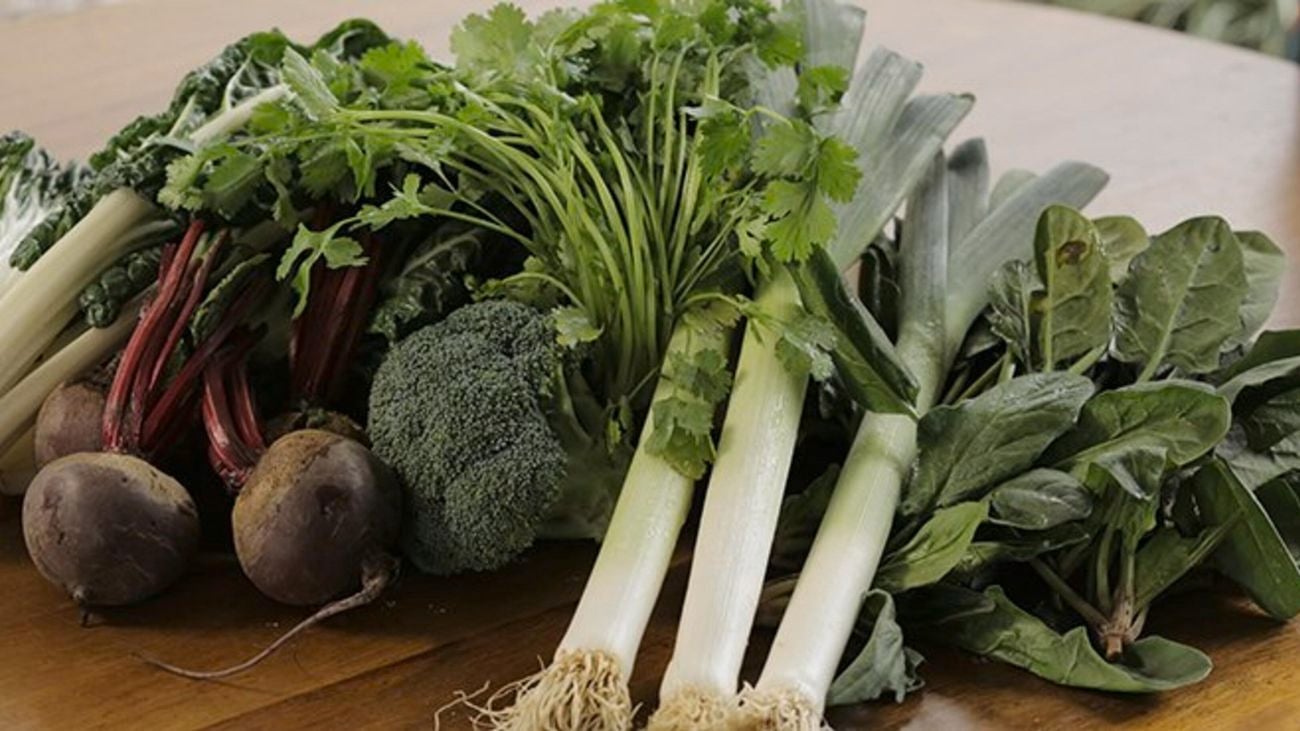 Leaks, beetroot, silverbeet and broccoli.