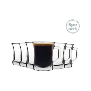 LAV 6 Piece Zen+ Glass Coffee Mug Set - Modern Style Sqaure Handle Tea/Coffee Glasses - Clear - 225ml