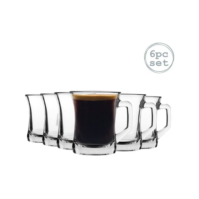LAV 6 Piece Zen+ Glass Coffee Mug Set - Modern Style Sqaure Handle Tea/Coffee Glasses - Clear - 225ml