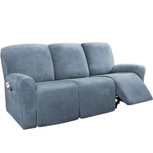 Smarcute 3 Seater Velvet Recliner Chair Sofa Couch Cover 8 Piece for 3 Cushion Seat Stone Blue