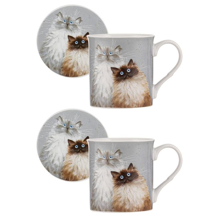 2PK Ashdene Kim's Cats Sully & Bucky New Bone China Mug Coaster Set 330ml Blue