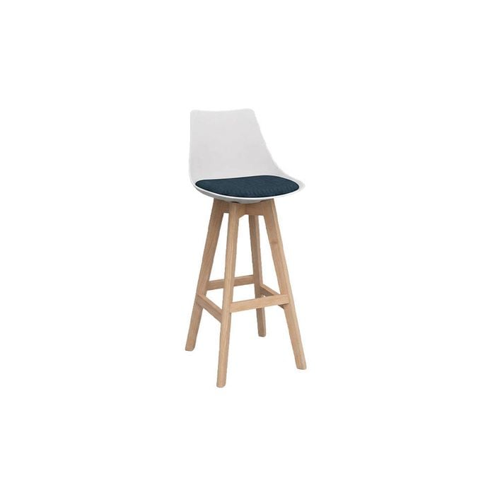 Olg Luna Bar Stool Oak Legs White Shell Deep Blue Seat Pad