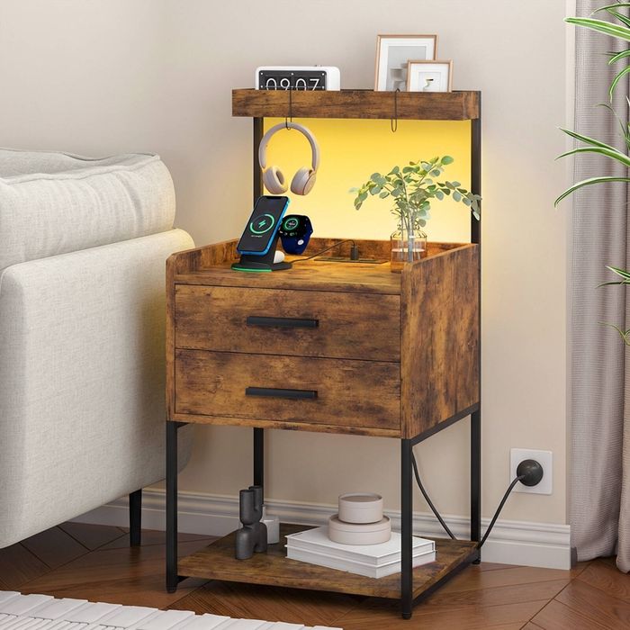 Advwin Bedside Table with Charging Station and Led Lights 2 Drawers and Open Storage Shelves Brown