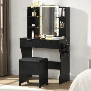 Homfurn Vanity Desk With Led Lights Mirror, Dressing Table And Stool Set With Power Outlet & Hairdryer Rack