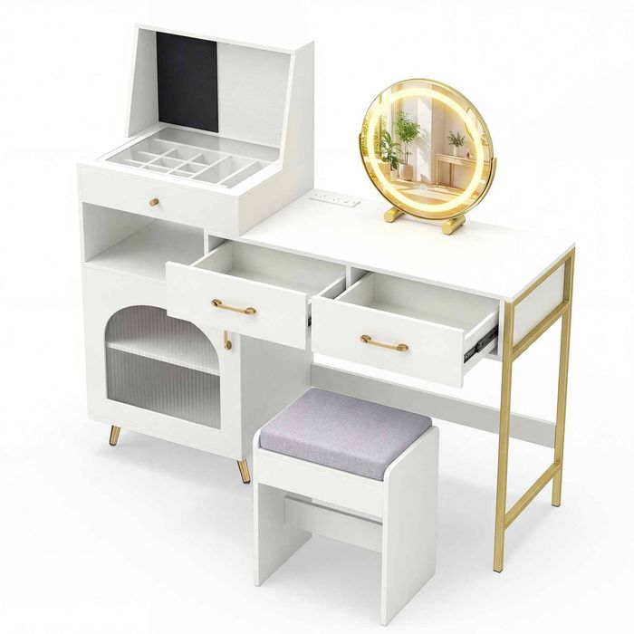 Costway Vanity Desk Stool Mirror Dressing 120 Ring Slot Charging Station