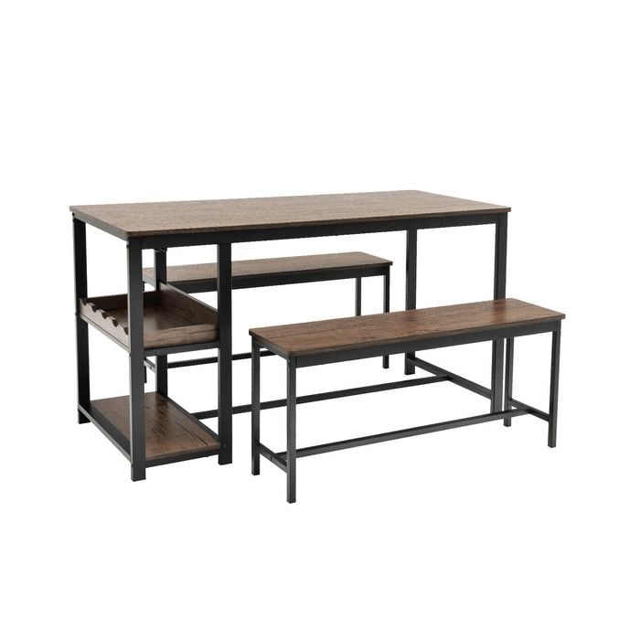 Costway 3pc Kitchen Dining Table Benches Glass Holder Wine Rack Brown