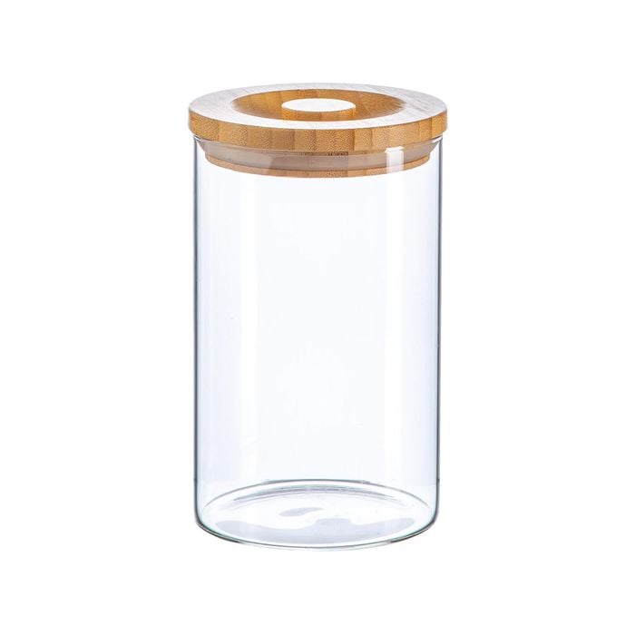 Argon Tableware Glass Jar With Wooden Lid Storage Container - Round Scandinavian Style Airtight Canister - 1 Litre
