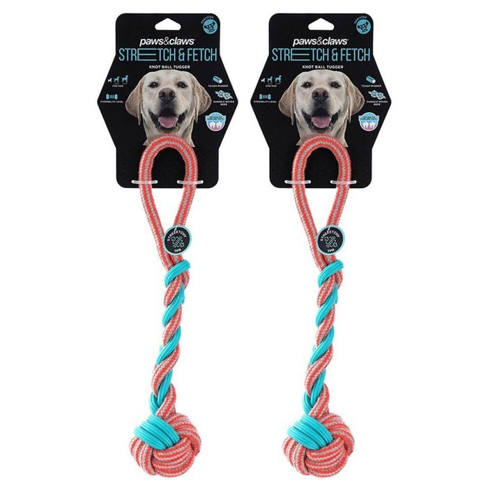 2PK Paws & Claws 42cm Stretch & Fetch TPR/Braided Rope Knot Ball Tugger