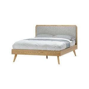 Stella Light Grey Upholstered Natural Oak Queen Bed Frame