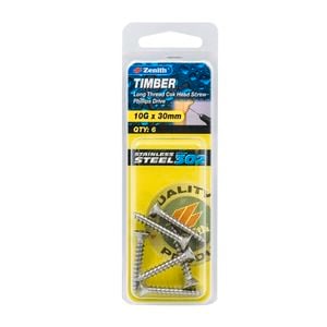 Zenith 10G x 30mm Stainless Steel Timber Screw - 6 Pack