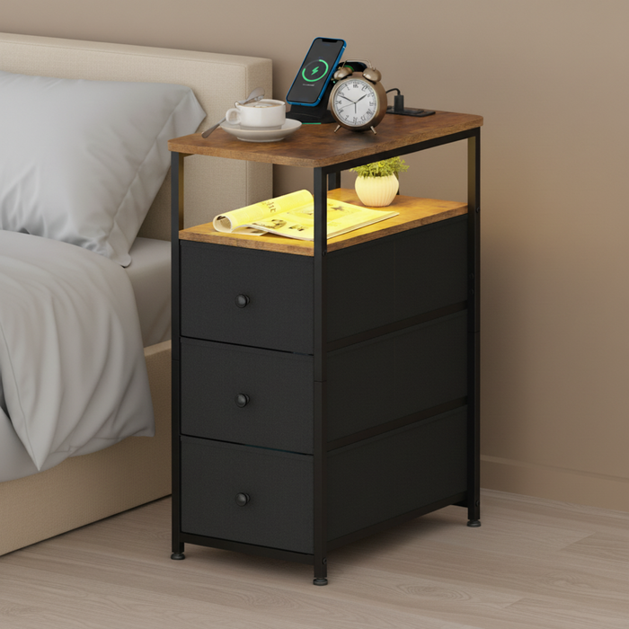 Ufurniture Narrow Side Table Bedside Table with 3 Drawers Night Stand Sofa End Table, Black and Walnut