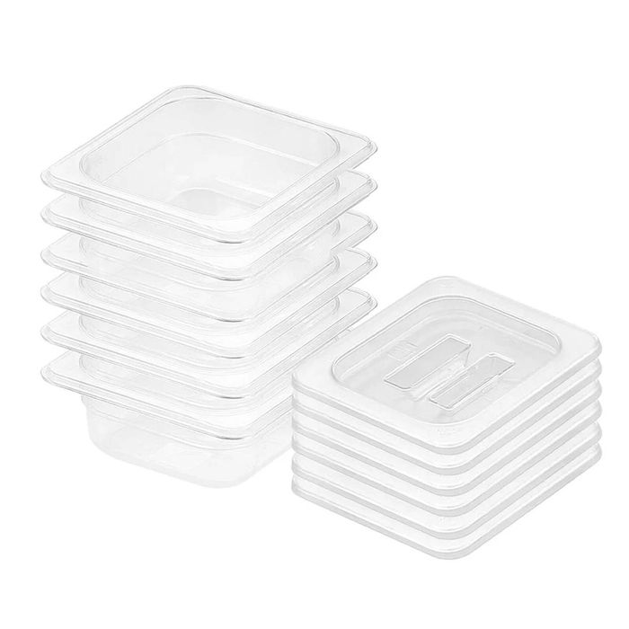 SOGA 1/6 GN Polycarbonate Food Pan 65mm Clear 6 Pack with Lids