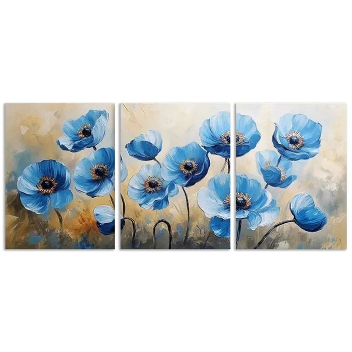 3pcs Abstract Blue Poppies Modern Print 100% Australian Made 3 x 40x60cm (Metal Print)