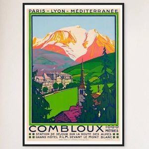 Galrie Combloux France Vintage Ski Art Poster - Charming Travel Décor Wall Art, Black Frame, 50 x 70cm (20 x 28inch)
