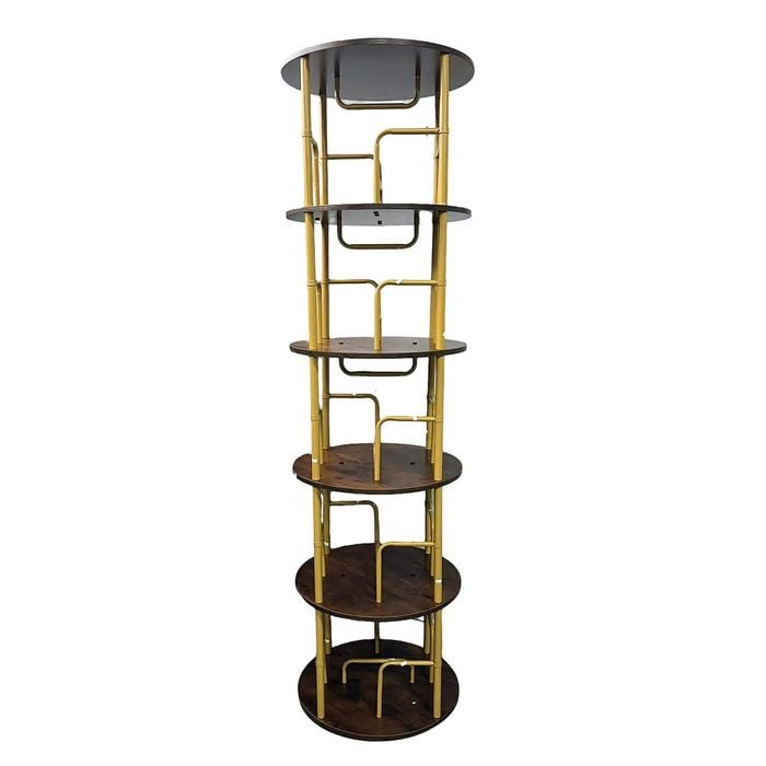 Foret 5-tier Rotating Bookshelf 360 Deg Display Rack Steel Wood Floor Shelf Gold