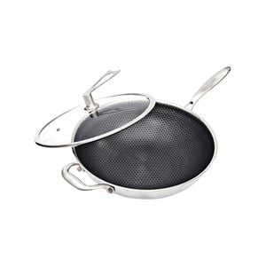 SOGA Stainless Steel Tri-Ply Fry Pan 34cm – Textured Non Stick Skillet with Glass Lid