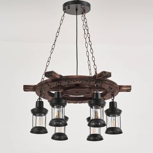 LumenSphere Davy Jones 6-Light Retro Wood Pendant - Black Finish, Natural Wood Accents, E27 Base