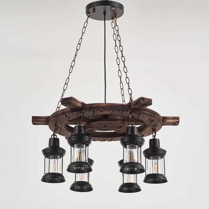 LumenSphere Davy Jones 6-Light Retro Wood Pendant - Black Finish, Natural Wood Accents, E27 Base