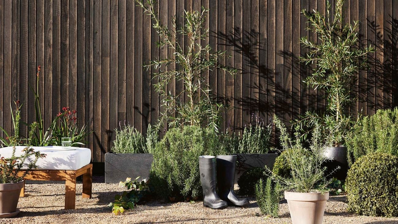 Garden area with potted plants, shrubs, black gumboots, and a white bench on gravel. A black timber wall is in the background.