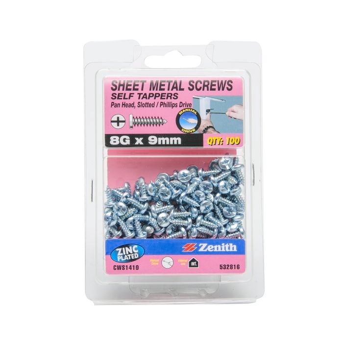 Zenith 8G x 9mm Zinc Plated Pan Head Sheet Metal Screws - 100 Pack
