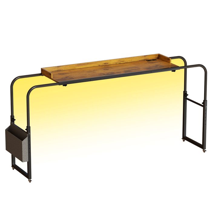 Advwin LED Over Bed Desk w/ Charging Station Adjustable Mobile Bed Table w/ Wheels & Side Pocket Walnut