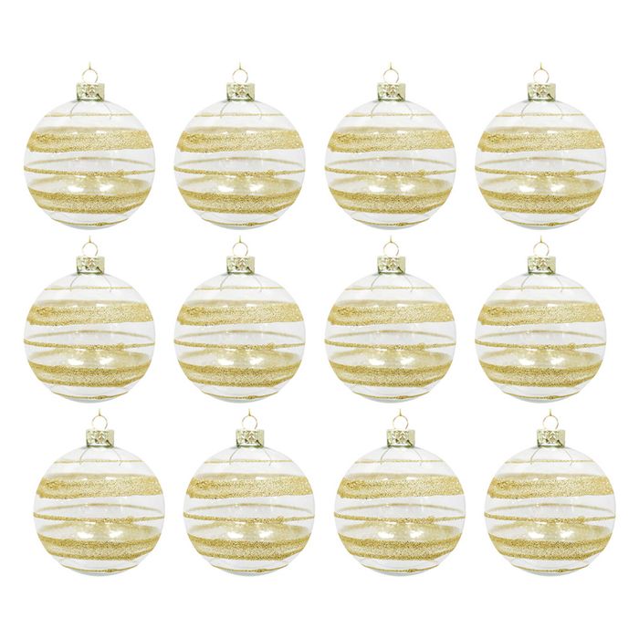 12x LVD Glass Bauble Gold Stripe Seasonal Christmas Decoration Hanging Decor