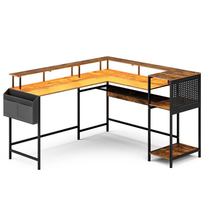 Ufurniture L Shaped LED Gaming Desk with Power Outlet Reversible Computer Desk with Monitor Stand Corner Office Desk Walnut