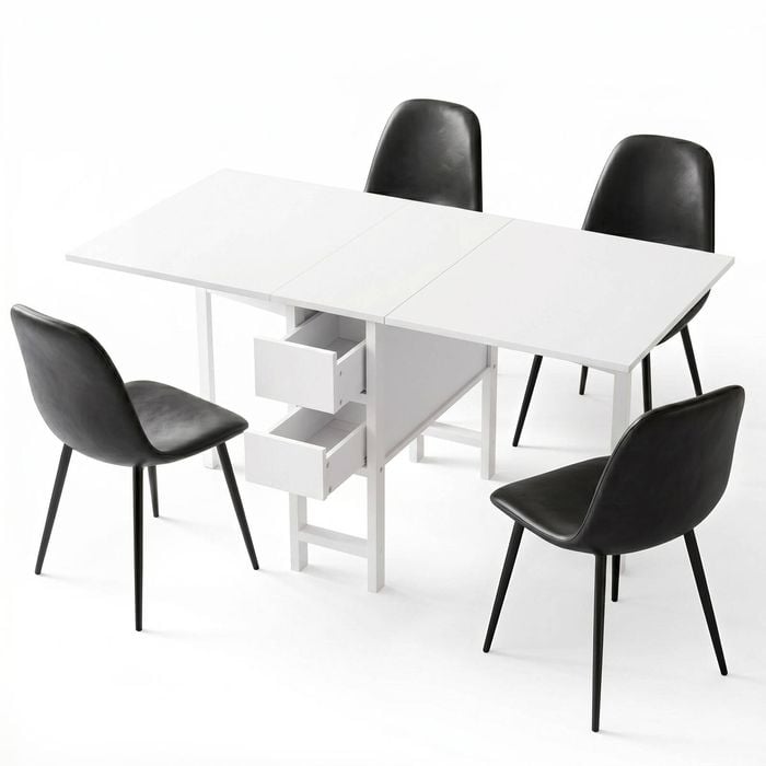 Artiss Dining Table And Chairs Set 5pcs Foldable With 2 Drawers Black And White
