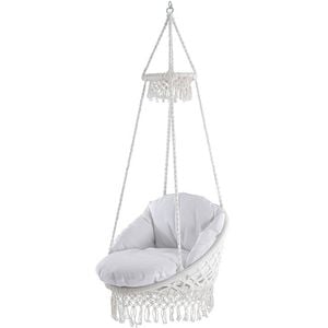 Vivere Deluxe Macrame Hanging Chair With Fringe - White