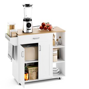 Advwin Kitchen Island Cart on Wheels with Charging Station Adjustable Shelves Spice Rack & Wood Top White