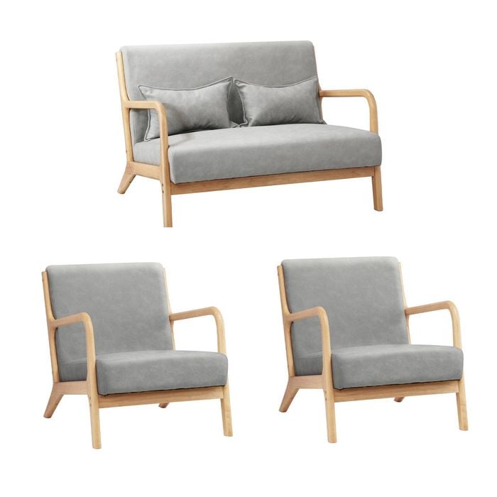 Oikiture 3PCS Armchair Lounge Chair set 1/2 Seater with 2 Pillows Fabric Grey
