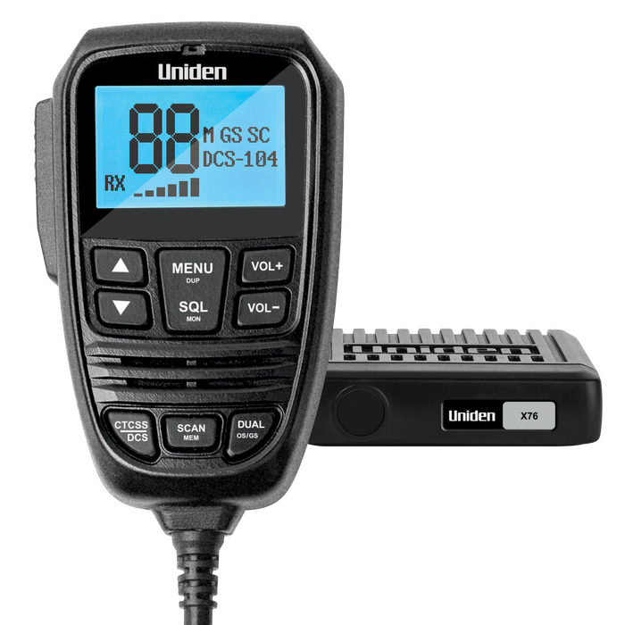 Uniden  X76 Compact Uhf Cb Mobile With Remote Speaker Mic. Large Lcd Display, Dual Watch