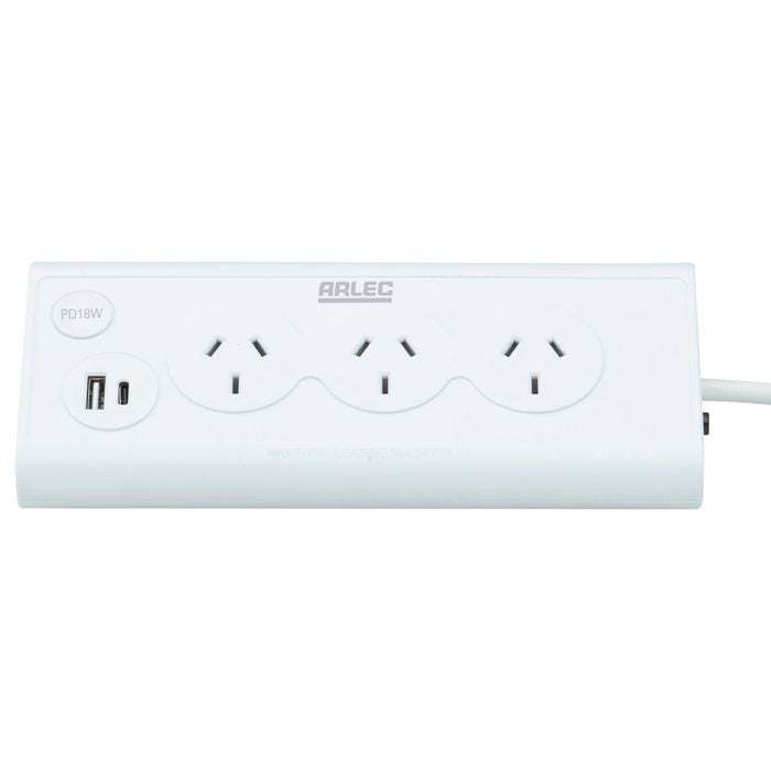 Arlec 3 Outlet Triangular Powerboard With PD18W Fast Charging USBs