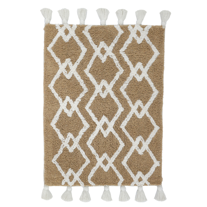 Yarra Textiles Beige and White Tufted Bath Mat with White Tassels  (60 cm x 90 cm), 1700 gsm+