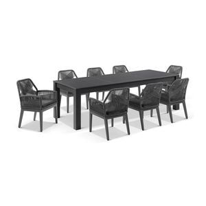 Santorini 2.5m Outdoor Aluminium Dining Table Charcoal With 8 Hugo Chairs & Carbon Grey/denim Grey Cushions