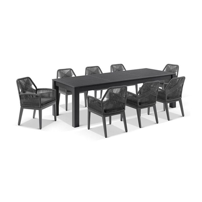 Santorini 2.5m Outdoor Aluminium Dining Table Charcoal With 8 Hugo Chairs & Carbon Grey/denim Grey Cushions