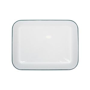 Argon Tableware Enamel Baking Tray - Green Rim Lightweight Metal Rectangular Enamel Oven Tray Kitchen Bakeware Flat Cooking Pan