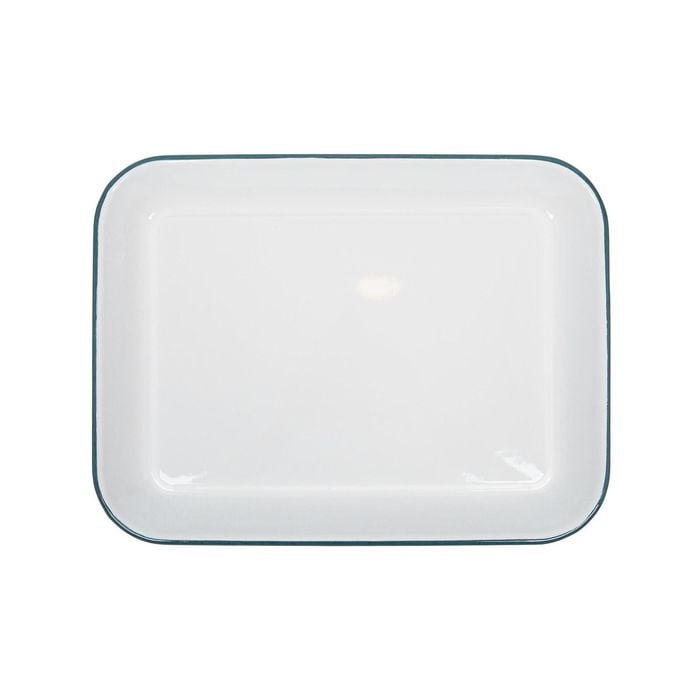 Argon Tableware Enamel Baking Tray - Green Rim Lightweight Metal Rectangular Enamel Oven Tray Kitchen Bakeware Flat Cooking Pan