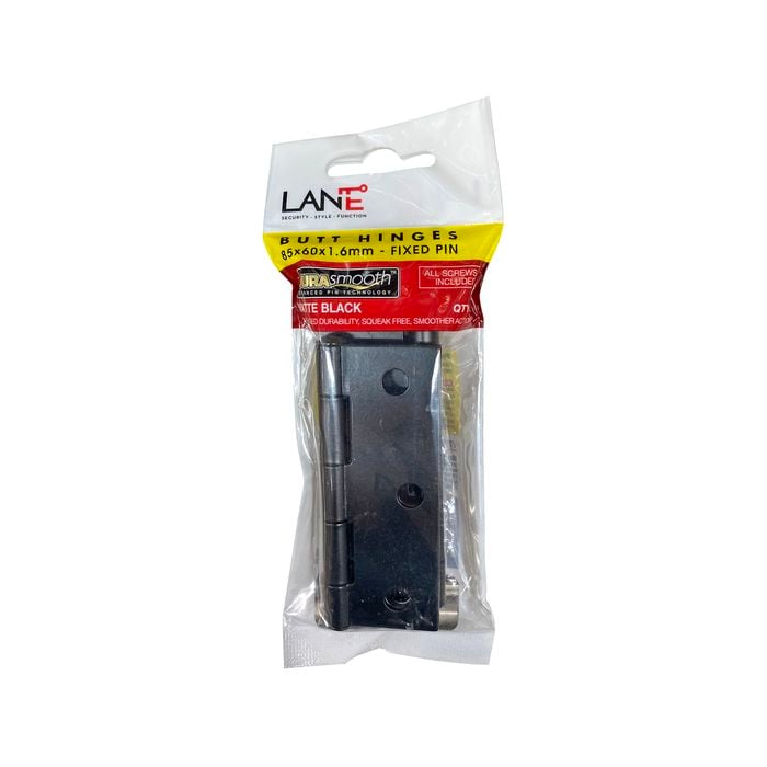 Lane 85mm Matte Black Fixed Pin Butt Hinge - 2 Pack