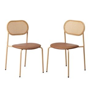 Oikiture 2PCS Dining Chair Rattan Chairs PU Leather Brown