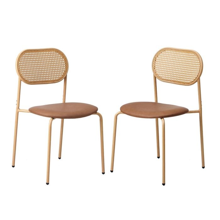 Oikiture 2PCS Dining Chair Rattan Chairs PU Leather Brown