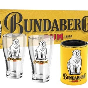 Bundy Bundaberg Rum Essentials Pack - Schooner Glasses, Can Cooler, Bar Runner