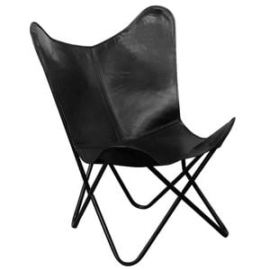 vidaXL Butterfly Chair Black Real Leather Armchair Sleeper Chair Bedroom Seat