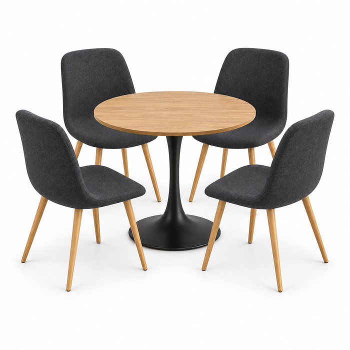 FORET 5 Piece 80cm Round Dining Table Set 4 Dark Grey Fabric Chairs