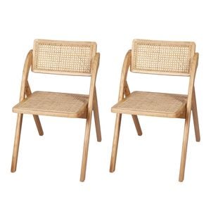 Levede 2x Foldable Rubberwood Rattan Dining Chairs Natural