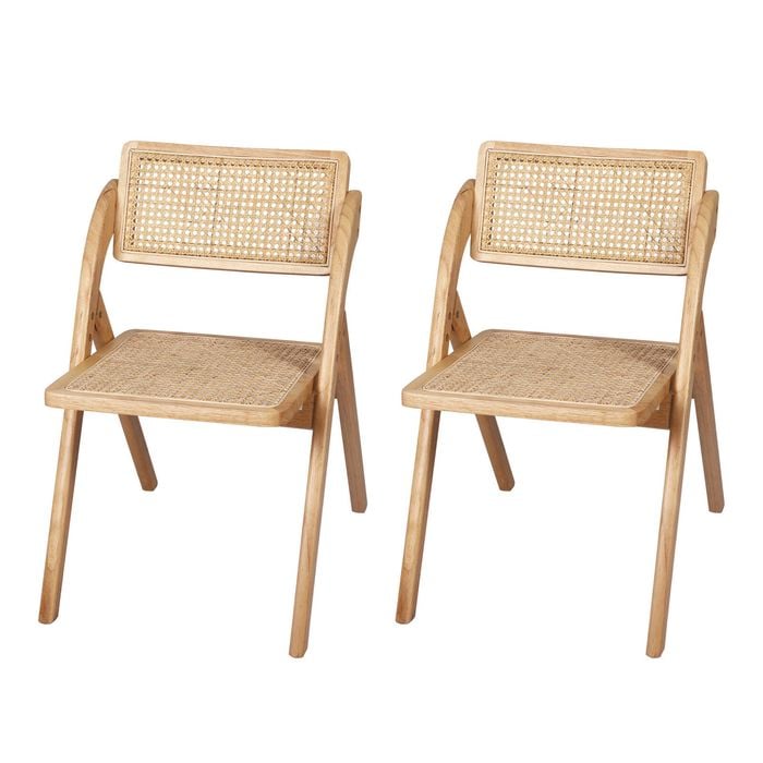Levede 2x Foldable Rubberwood Rattan Dining Chairs Natural