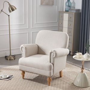 Striped Linen Fabric Accent Chair, Modern Farmhouse Upholstered Armchair with Nailhead Trim & Ball Turned Wood Legs, Light Tan