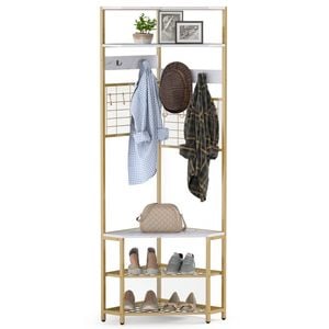 Costway Corner Coat Rack With Shoe Bench Hall Tree Entryway - White
