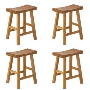 Oikiture 4x Wooden Stool Elm Wood Kitchen Dining Stool Café Seat Natural Timber