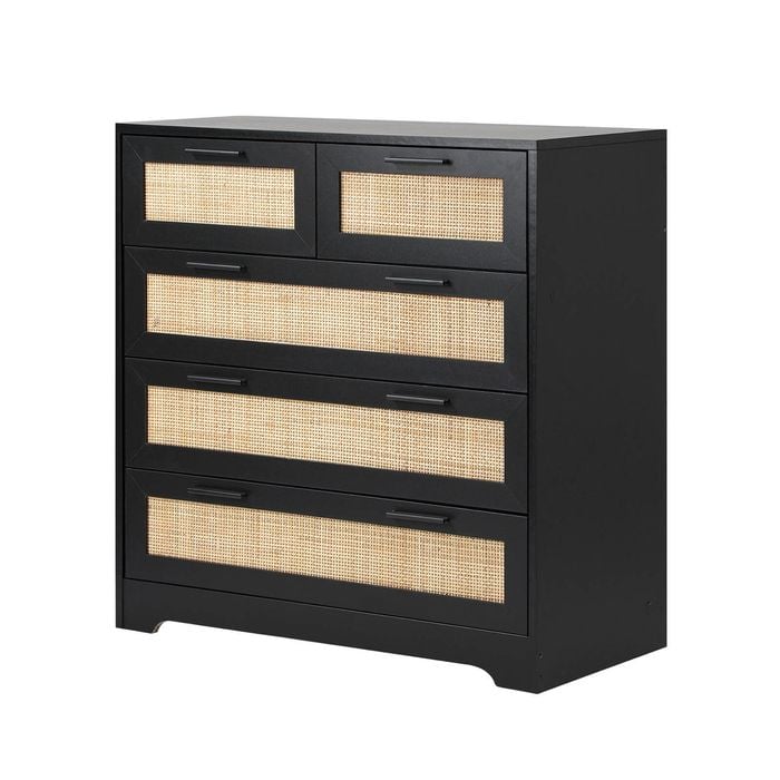 Oikiture 5 Chest of Drawers Dresser Storage Tallboy Rattan Black